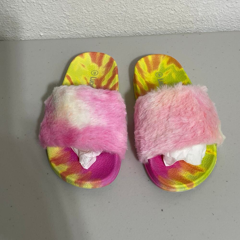 Lucky Top Tie Dye Fur Plush Slides Sz 9 - Picture 2 of 5